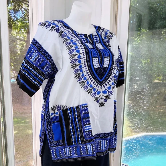 Blue & White Traditional Print Short Sleeve Cotton Dashiki Tunic Shirt Unisex - Picture 5 of 15